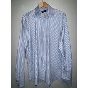 Canali Shirt Mens 42, 16 1/2White Blue Striped Long Sleeve Button Down
